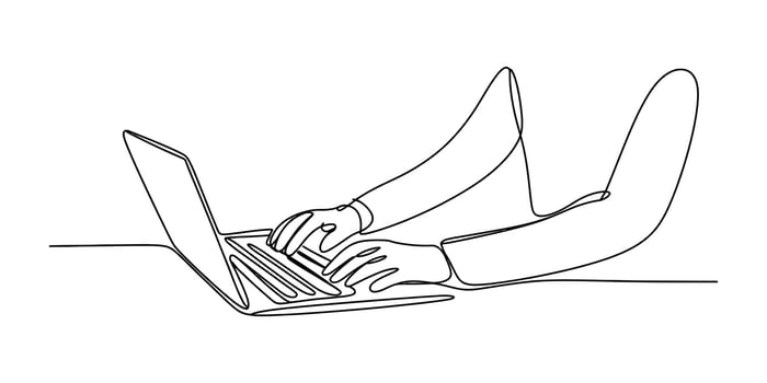 Single Line Drawing Hands Typing on Laptop, Minimalist Style, Modern Business Concept vector