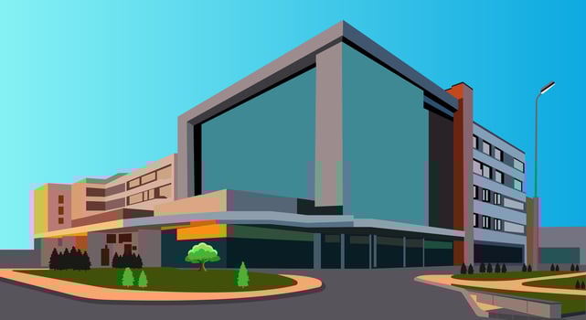 Green hospital building. Modern hospital. Sustainable hospital. Eco friendly healthcare. Medical building. Hospital building. Sustainable healthcare. Clinic. Medical center. Hospice. Sanatorium. vector