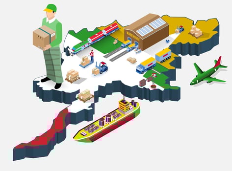 Logistics illustration with warehouse and transport vehicles vector