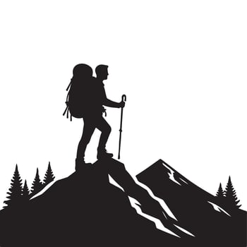 Adventurous Hiker Standing on Mountain Peak Silhouette Landscape View vector