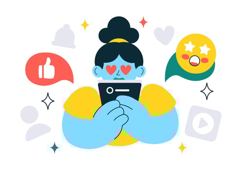 Person using smartphone with heart emojis vector
