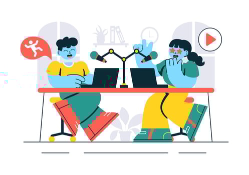 Podcast hosts sharing ideas at a desk vector