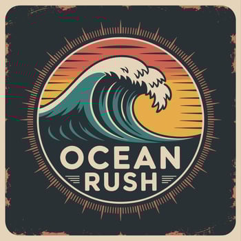 Vintage Ocean Rush Emblem with Powerful Wave and Sunset. vector