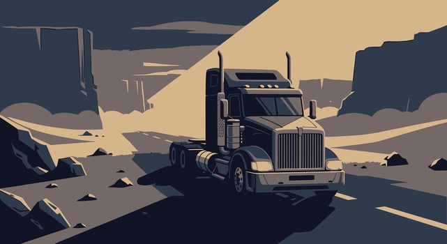 Lone Trucker on a Desert Highway at Sunset vector
