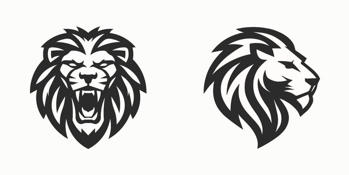 illustration of two fierce lion heads, one roaring front view and one calm profile, in black and white. vector