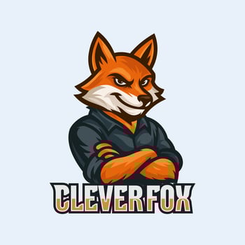 Orange fox mascot illustration with clever expression, dark shirt, and crossed arms, featuring 'CLEVERFOX' text below. vector