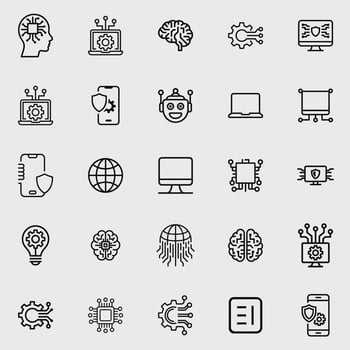 Modern black line art icons for artificial intelligence, machine learning, data, and cybersecurity technology vector