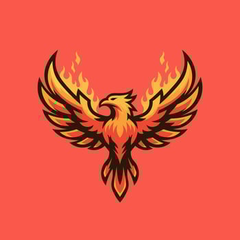 A powerful, stylized phoenix bird l with fiery wings spread wide, featuring vibrant orange, yellow, and red tones with dark outlines vector