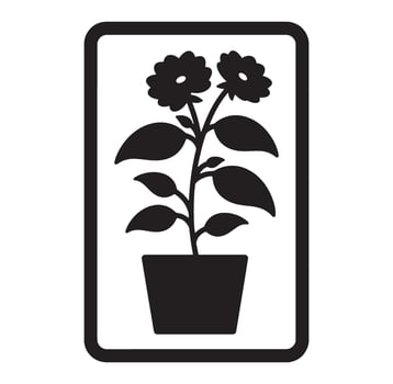 Black and white illustration of a potted plant with flowers and leaves. vector