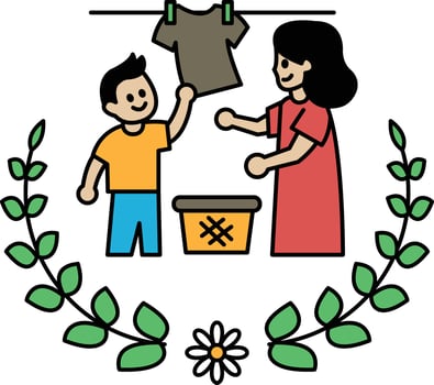 A woman and a child are hanging clothes on a clothesline vector