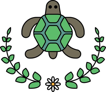 A turtle is drawn in black and white with a leafy border vector