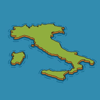Isometric map of Italy. Green land with islands surrounded by blue sea. Simplified cartoon style illustration of Italian geography and territory. vector