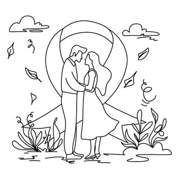 Line art illustration of a couple embracing under a ribbon archway vector