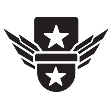 Stylish black and white insignia design featuring wings and two white stars on a badge. vector