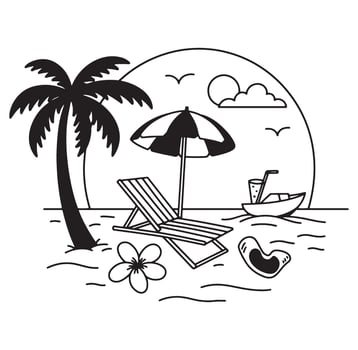 Peaceful beach scene with palm tree beach chair and summertime vacation elements in black and white vector