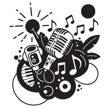 Black and white illustration featuring music elements including microphone and musical notes vector