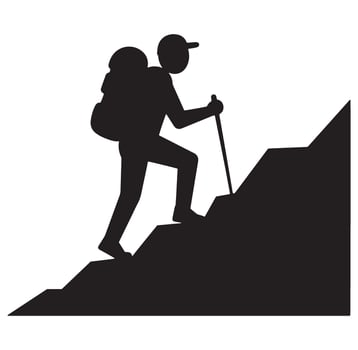 Silhouette of a hiker ascending a mountain slope symbolizing challenge and perseverance vector