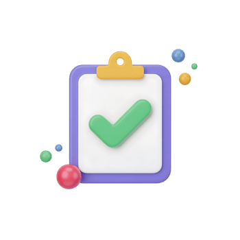 Green checkmark on clipboard 3d render icon on transparent background with colorful spheres png