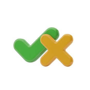 Green check mark and yellow x mark icons on transparent background in 3d png