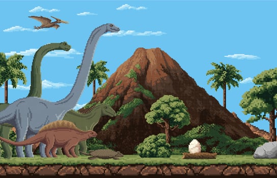 Dinosaurs near a volcano in pixel art vector