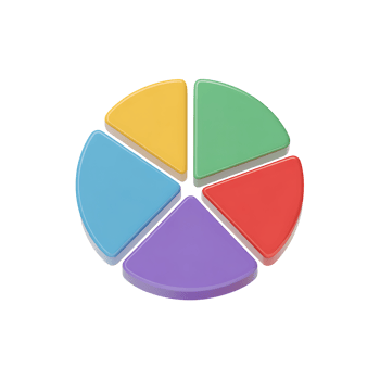 Colorful 3d pie chart with five segments on transparent background for data visualization png
