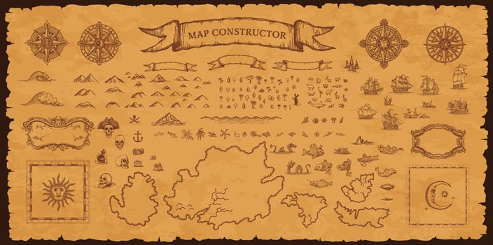 Vintage pirate map constructor, set of elements vector