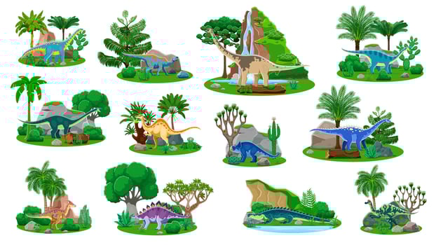 Dinosaurs in a lush green environment vector