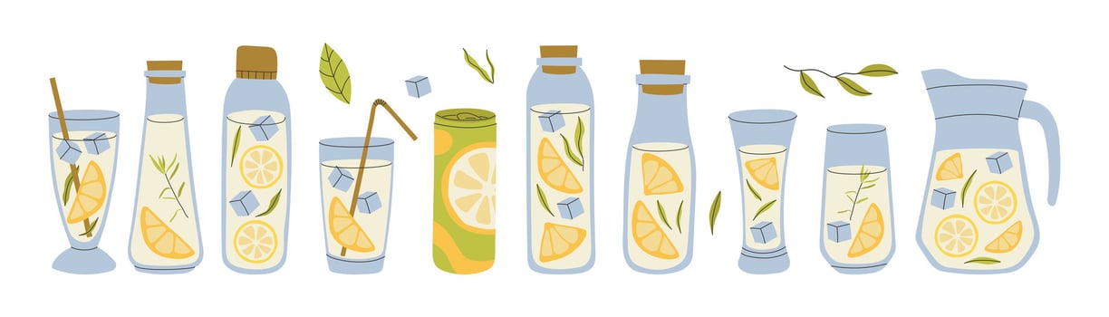 Various lemonade drinks in stylish glasses vector