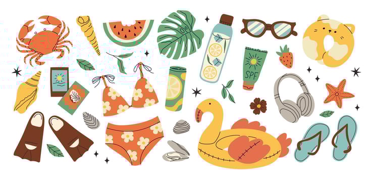 Colorful summer beach items and accessories vector