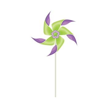 Green and Purple Pinwheel Toy with Paper Curl Attached to Stick Illustration vector