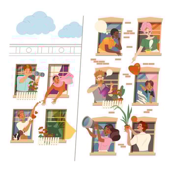 People interacting from different windows vector
