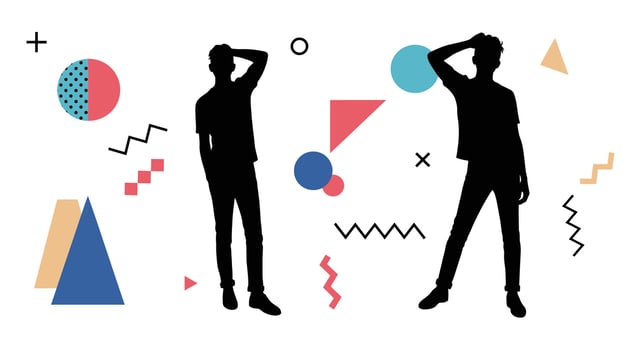 Two silhouettes of people standing in front of geometric shapes vector