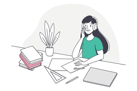 Studying woman with headphones and notebooks vector