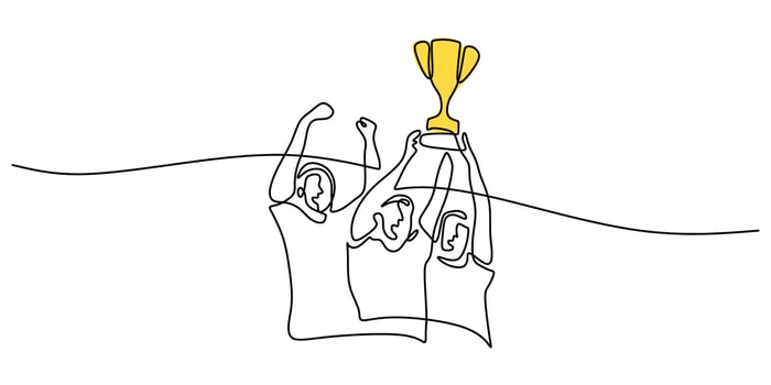 Continuous One Line Drawing Team Holding Trophy Cup High. Teamwork Success Collaboration Victory . vector