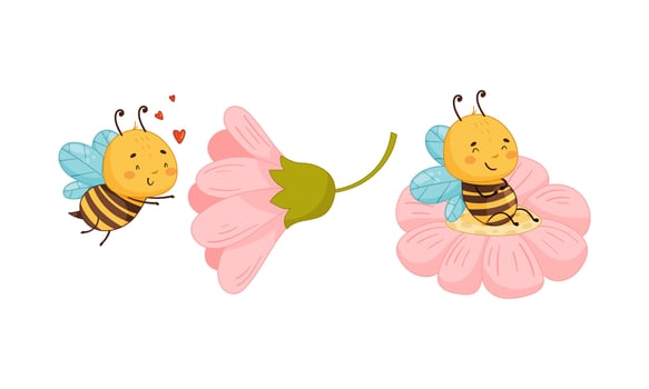 Cute happy funny bees set. Honey bee with pink flowers cartoon illustration vector