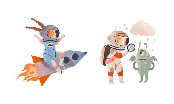 Children astronauts explore space with aliens vector