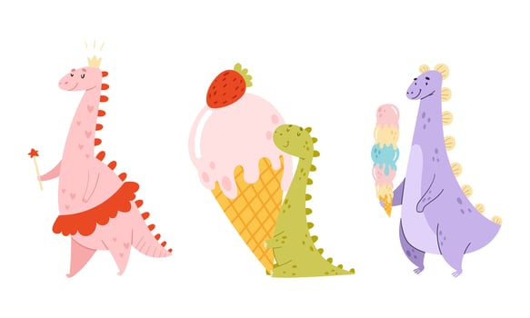 Cute baby dinosaurs eating ice cream. Funny animal enjoying of eating tasty dessert cartoon illustration vector