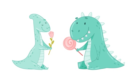 Two cute cartoon dinosaurs with candy vector