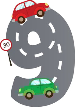 Nine Number With Road And Cars For Children vector