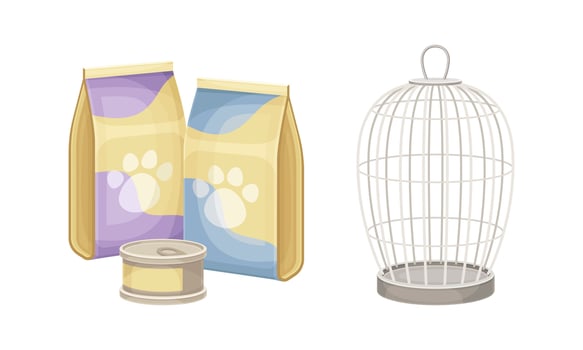 Food packagings for pets and metal wire cage. Pet supplies and accessories set cartoon illustration vector