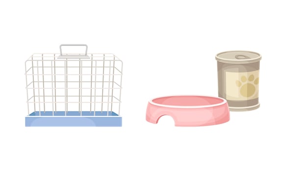 Metal wire cage, pet food and bowl. Pet supplies and accessories set cartoon illustration vector
