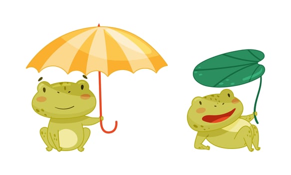 Frogs with umbrellas in a fun illustration vector