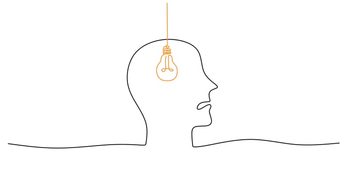 Continuous Line Drawing Person Holding Light Bulb Head. Creativity New Ideas Innovation Work . vector