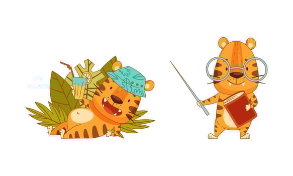 Cartoon tigers with drink and book vector