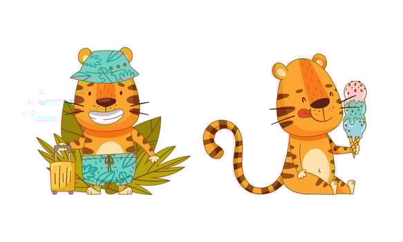 Cartoon tigers with ice cream and suitcase vector