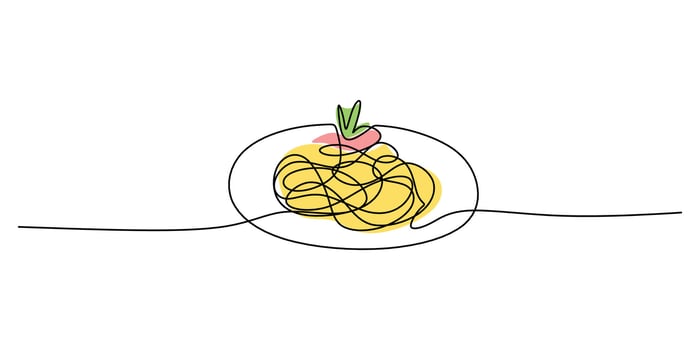 Continuous Line Drawing Serving Spaghetti Plate Neatly. Pasta Italian Dish Minimalist Art. vector
