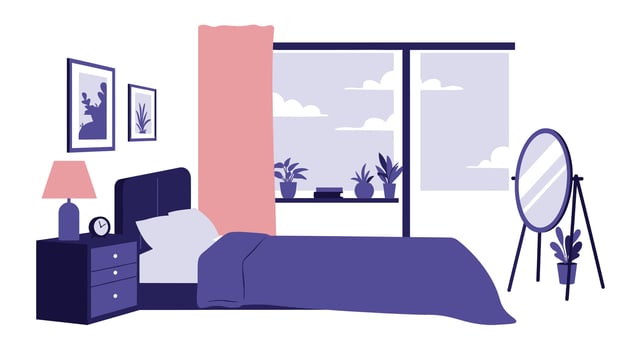 A bedroom with a bed, mirror, and a window vector