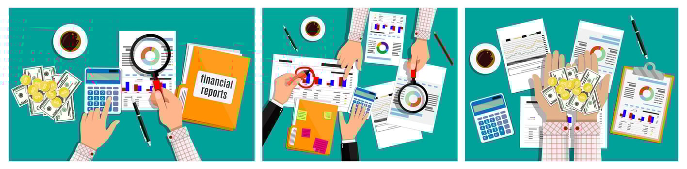 Hands analyzing financial reports and data vector