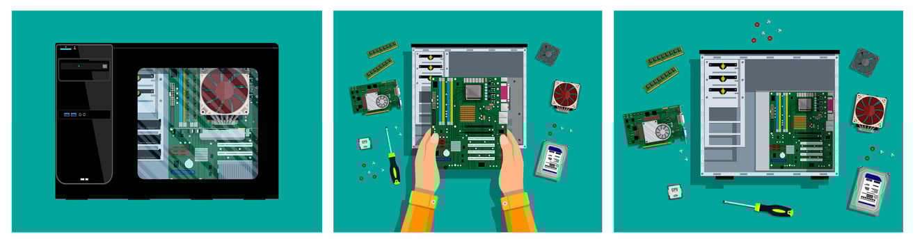 Person assembling a computer motherboard vector