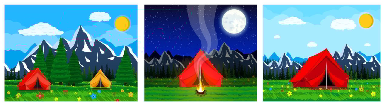 Three colorful camping scenes in nature vector